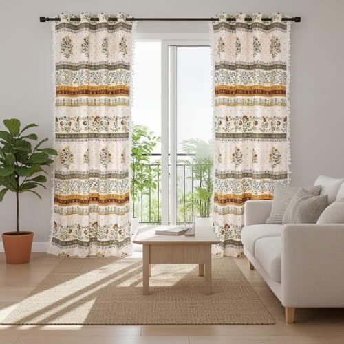 Image of Amazon Brand - Umi Bohemian Curtains for Window, Microfiber Cotton Curtain 5 Feet Long Pack of 2 Curtain with Tassels,Eyelets Included, 40-60% Room Darkening