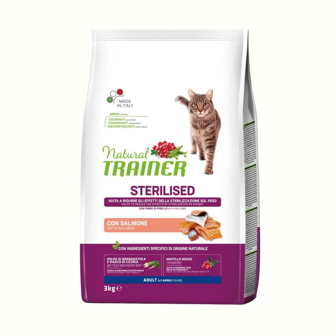 Natural Trainer Gatto Adult Sterilised Salmone 3kg, alimento secco completo per gatti adulti di tutte le taglie e razze, gusto SALMONE, confezione da 3kg.