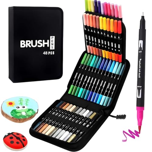 Kit Canetinhas Coloridas 48 Cores com Pontas Duplas, Conjunto Caneta Brush para Livros de Colorir para Crianças e Adultos, Canetinha Brush para Desenho, Ponta Fina e Pincel (48 cores)