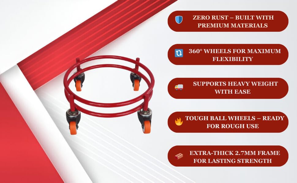 Image of BIRDWING Red Heavy Wheel Metal Gas Cylinder Trolley with Wheel |Lpg Cylinder Stand Gas Cylinder Trolley |LPG Gas Cylinder Trolley with 4 White Prime Wheels,