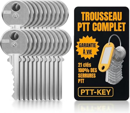 PTT KEY® | Trousseau Pro Complet 21 Clés PTT (A à U) | Marque Française - SAV en France | Serrures Boîtes aux Lettres & Halls d'Immeuble