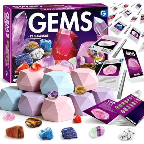 Gamerside Minerales para Niños – Kit de Excavación y Juego de Excavación con 12 Minerales y Piedras Preciosas Naturales, Juego Arqueología Divertido para Niñas y Niños de 6 a 12 Años
