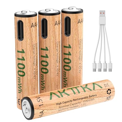 AKTTKA リチウムイオン充電式単4電池 4個パック、1100 mWh、1.5V 定電圧、4-in-1 USB-C充電ケーブル付属、500回以上充電可能、リモコン・体重計・温度計・スマートロック対応