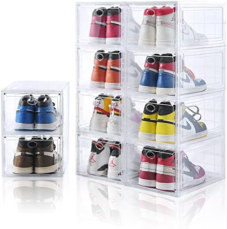Amllas 10 Pack Clear Shoe Boxes Stackable,Shoe Storage Boxes for Closet,Sturdy Shoe Box Storage Containers with Clear Door,Sneaker Storage,Easy to Assemble,Fit up to US Size 12(13.8”x 9.84”x 7.1”)
