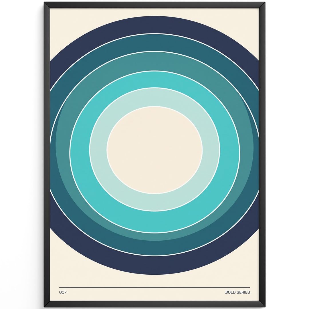 MJ-GRAPHICS® Poster Kreise Kunstdruck geometrisch Wandbild Blau Türkis Deko Wohnzimmer Entspannung Harmonisch Beruhigend Kunst druck Modernes Design Dekoration A2 mit schwarzem Rahmen