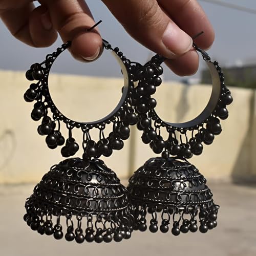 Oxidized Black Jhumka Earrings for Girls | Traditional Indian-Korean Fusion Hanging Earrings with Black Pearl, Bold Ethnic Design for Casual & Festive Wear4
