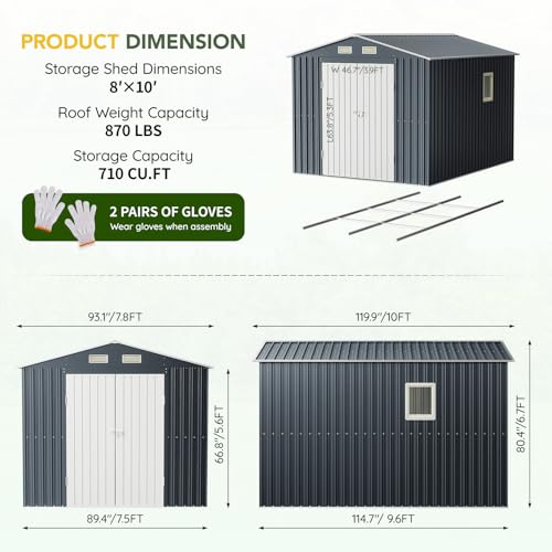 Image of Upgrade 10x8FT Outdoor Metal Storage Shed with Floor Frame, Double Swing Doors,Clear Windows, Tool Shed for Garden, Patio, Backyard