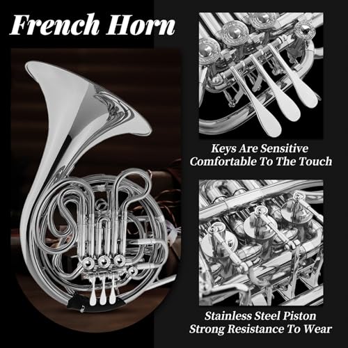 Double French horn, French horn, 4-button F/B tuning, select brass, one-piece French horn design, comes with backpack, gloves, cleaning cloth, and cleaning tool kit(silver, all-in-one) - Thumbnail 3
