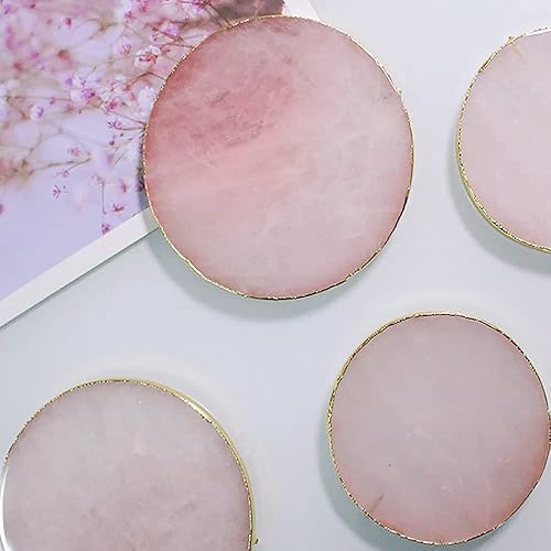 Miniatura 3 de Posavasos decorativos de cuarzo rosa, posavasos redondos de cristal rosa natural, borde dorado, juego de 4 (redondo de 3.5 a 4)
