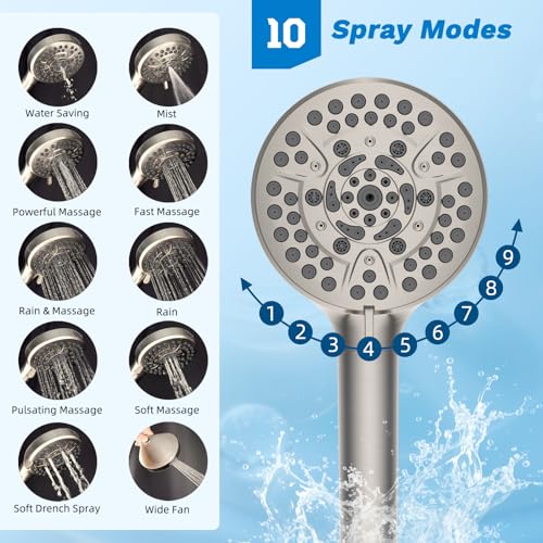 Image of Hibbent High Pressue All Metal 8 inch Rainfall Shower Head, Handheld 10-Spray | cUPC Certified Brushed Nickel Dual Showerhead Combo, 4-way Diverter with Pause Mode, Brass Extension Arm, 71'' Hose & Holder