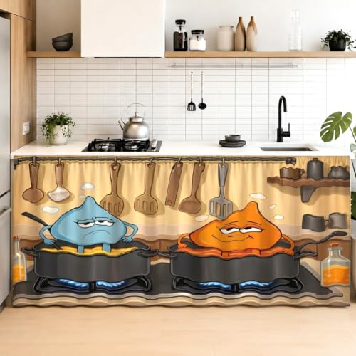 Image of Kitchen Curtains for Sink | Premium Printed Under-Sink Skirt for Kitchen Counter | Washable & Dustproof Rod Pocket Curtain | Home & Cooking Theme Decor (150cm x 70cm) (Golu Molu)