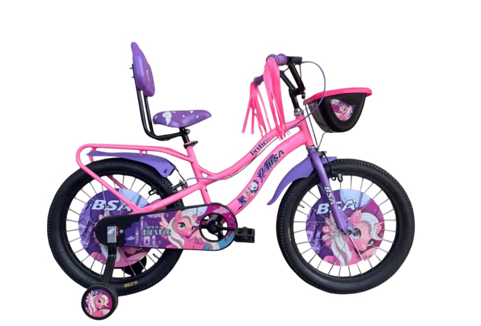 BSA Bestie 16 Inch Kids Bicycle for Girls | Pink & Purple Cartoon Theme Cycle with Basket, Training Wheels, Backrest Seat & Chain Guard | Suitable for 4–7 Years | Adjustable Seat, Sturdy Steel Frame-image-21