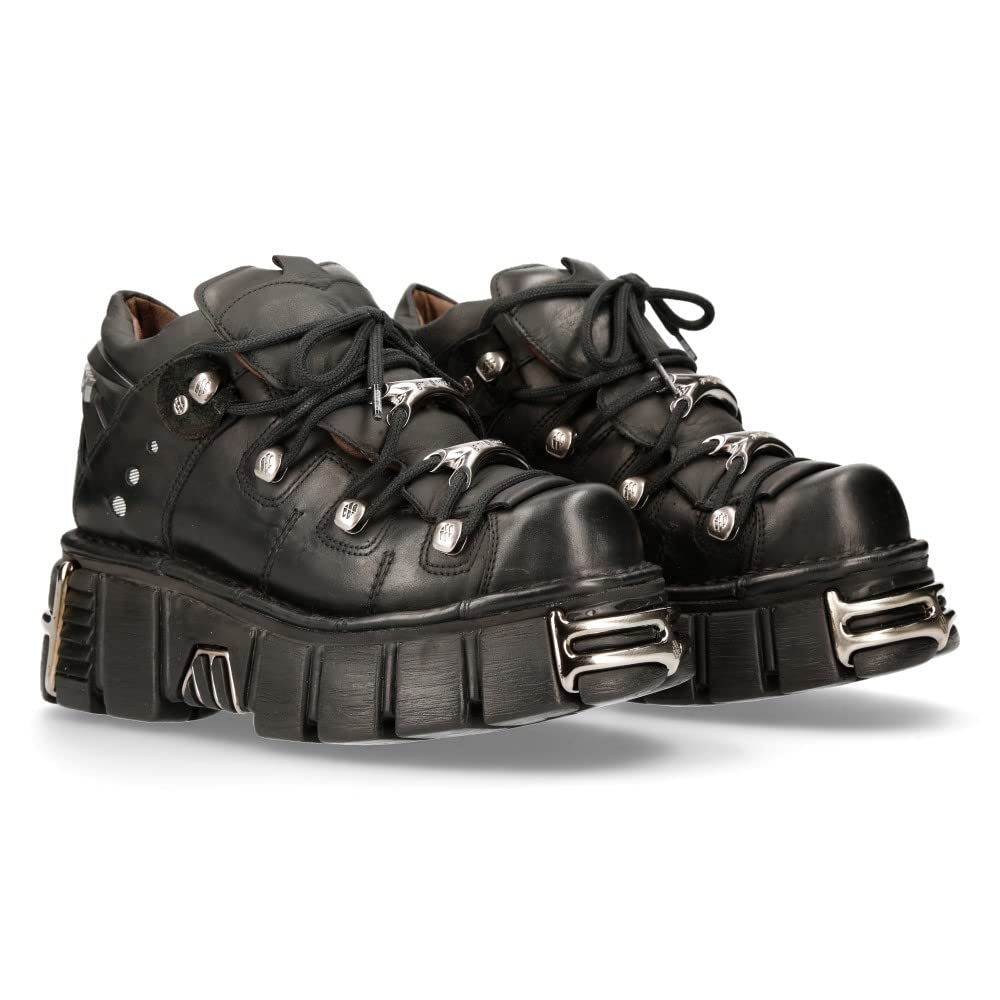 New Rock Botín Piel Negro Mujer Zapato Plataforma ICONIC 106 Black Woman Ankle Leather Shoes Boots M.106N-S16