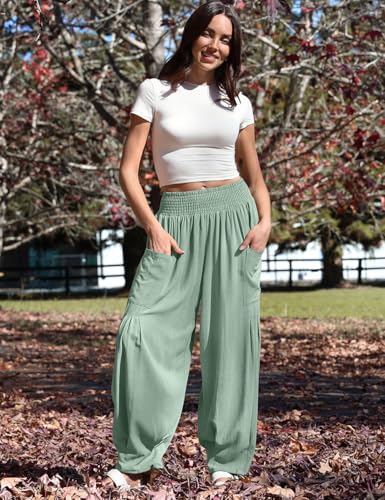Image of TARSE Women's Linen Wide Leg Pants Baggy High Waist Palazzo Pants