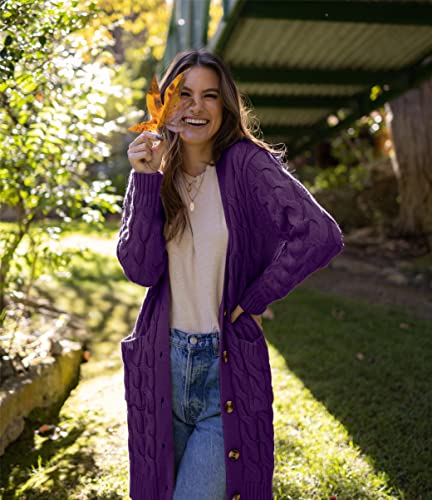Image of PRETTYGARDEN Long Sleeve Cable Knit Long Cardigan for Women 2026 Spring Winter Chunky Open Front Button Sweaters with Pockets