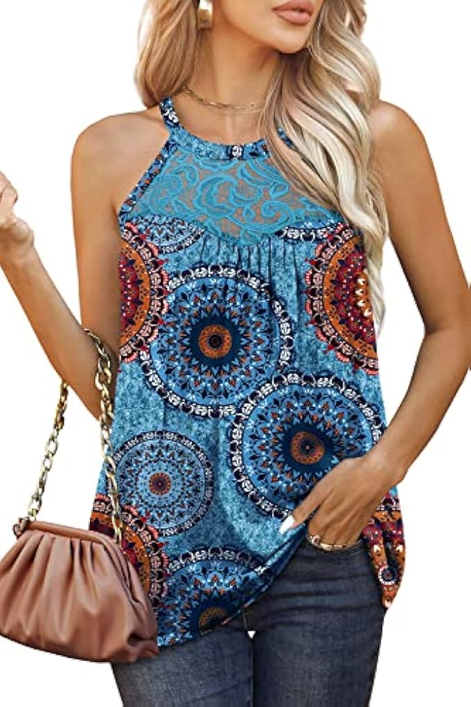WIHOLL Womens Tank Tops Loose Fit Summer Lace Halter Tops Sleeveless Shirts Pleated