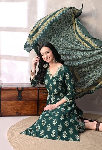 Image of MEERA FAB Women Floral Printed Sequined Cotton Straight Kurta with Palazzos & Dupatta | Sanganeri Print