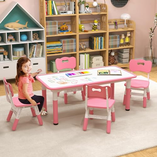 Costzon-Kids-Table-and-4-Chair-Set-Height-Adjustable-Toddler-Desk-and-Chairs-with-Graffiti-Desktop-Non-Slip-Legs-Children-Art-Study-Multi-Activity-Table-Set-for-Home-Daycare-School-Pink Costzon Kids Table and 4 Chair Set Height Adjustable Toddler Desk and Chairs with Graffiti Desktop Non Slip Legs Children Art Study Multi Activity Table Set for Home Daycare School Pink