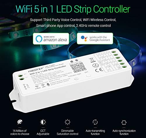 LIGHTEU®, Milight Miboxer 5in1 WiFi LED Strip Controller, Alexa Google Home Voice, Remote and APP Control, Used for Single Color, CCT, RGB, RGBW RGBCCT LED Strips, DC12-24V, WL5