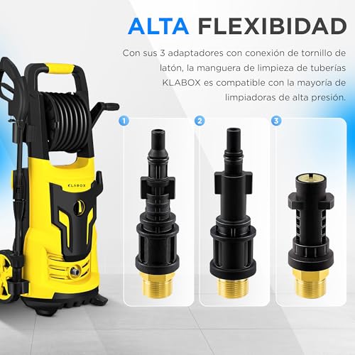 Miniatura 7 de Klabox Desatascador Tuberias A Presion 15m Desatascador Karcher Compatible Con Karcher K2-K7, Lavor, Bosch, Parkside Y Más Marcas Incluye 3 Adaptadores, 2 Boquillas, 1 Bolsa Y 1 Cinta Teflón