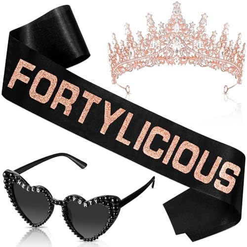 3 Pcs 40th/ 50th Birthday Decorations for Women, 40th/ 50th Birthday Sash and Crown Tiara and Sunglasses(Rose Gold,Fortylicious)