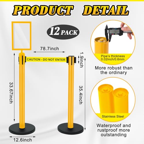 Therwen 12 Pack Heavy Duty Crowd Control Stanchions 9.8 ft Stainless Steel Stanchion Set with Safety Barrier Post Retractable Belt and Sign Holder Crowd Control Barrier(Caution Belt, Yellow) - Thumbnail 2