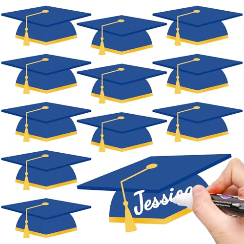 Whaline 50 Pcs Graduation Hat Cutouts Blue Grad Caps Tassel Paper Cutting Bulletin Board Decoration with 100 Pcs Glue Points for Graduates Party Classroom Name DIY Crafts