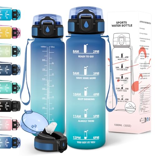 Motswedi Botella Agua 1 litro, con Pajita, Cantimplora, a Prueba de Fugas, Botella Agua Gimnasio, con Marcador de Tiempo, Cantimplora 1l, para Bicicleta, Yoga, camping, Deportes, Turquesa
