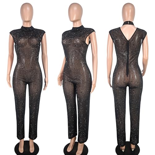 Image of Jigfar Women Sexy Embellished Rhinestone Bodycon Jumpsuit Mesh See Through Patchwork Birthday Party Night Out Clubwear