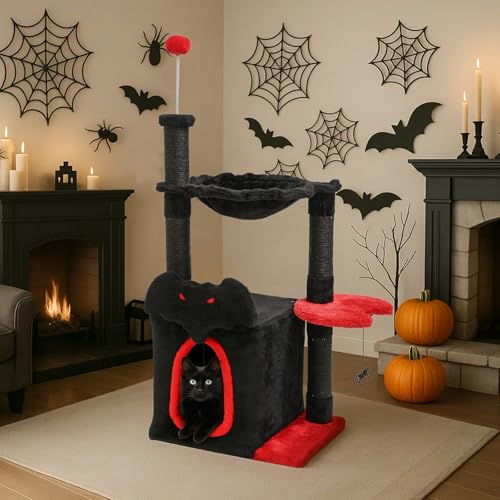 BYBYME Gothic-Kratzbaum für Halloween, 96.5 cm, stabiles Katzenmöbel-Set mit Katzenhaus, hängendem Spielzeug, Hängematte, kratzenden Sisal-bezogenen Pfosten (Schwarz Rot) BYBYME Gothic-Kratzbaum für Halloween, 96.5 cm, stabiles Katzenmöbel-Set mit Katzenhaus, hängendem Spielzeug, Hängematte, kratzenden Sisal-bezogenen Pfosten (Schwarz Rot)