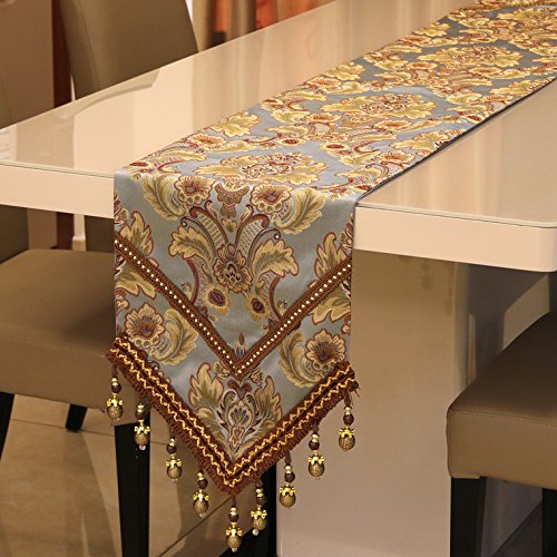Magilona Home Tablecover Bead Decorative Europe Luxurious Cotton Linen Velvet 3D Relief Embroidered Floral Pattern Table Runner Dining Party 13X83 In (Blue) #TOP6