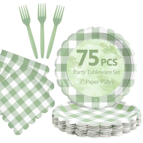 Image of Mulbozy 75 Sage Green Gingham Paper Plates and Napkins Disposable for Party