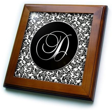 3dRose ft_38753_1 Letter D Black and White Damask Framed Tile, 8 by 8-Inch