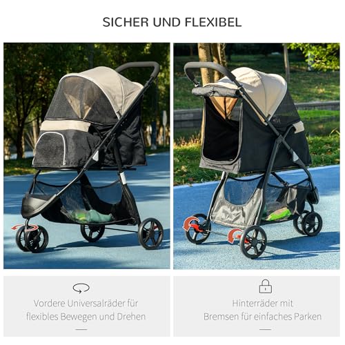 PawHut Hundewagen 2 in 1 Hundebuggy klappbar für Hunde & Katzen bis 10 kg Katzenbuggy mit Kissen Netzfenstern Türen Aufbewahrungskorb Katzenwagen Buggy Khaki