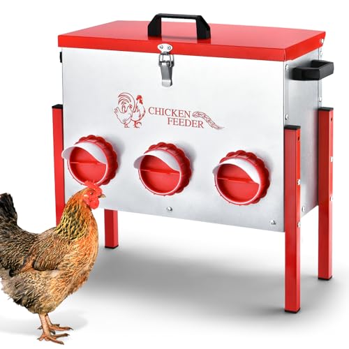 Chicken Feeder, 6 Ports, 35lb Metal Feed Box with Lid
