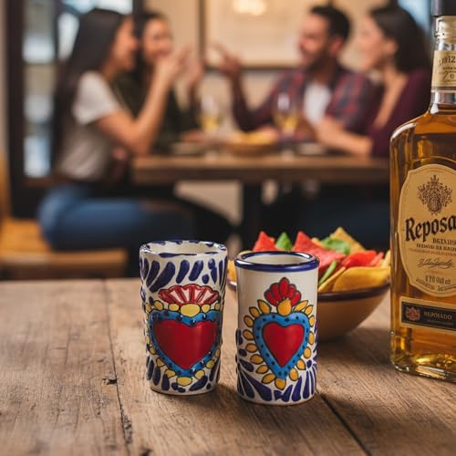 Image of Talavera Shot Glasses Set of 4 Authentic Mexican Tequila Shot Glasses - Hand-painted - 2 Oz (Azure Heart)