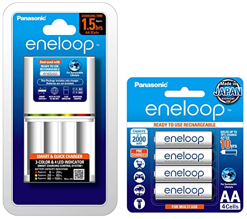 Image of Panasonic Eneloop BQ-CC55N Advanced, Smart and Quick Charger for AA & AAA Rechargeable Batteries, White & eneloop AA Rechargeable Battery, Pack of 4