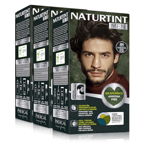 Naturtint Men | Coloración Permanente Sin Amoniaco Especial Hombres | 100% Cobertura de Canas | Color Natural y Duradero | Ingredientes Naturales | 4N Castaño Natural | Pack de 3
