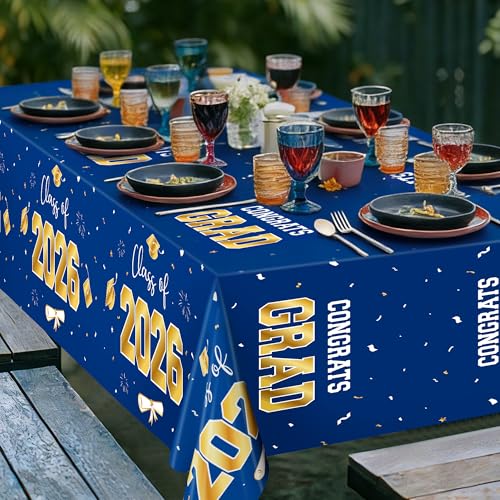 Image of QZYL 4 Pack Graduation Decorations 2026, 54 inch x 108 inch Blue and Gold Disposable Graduation Table Cloths, Grad Party Decorations for Class of 2026, Rectangle Plastic Tablecover for College Congrats Grad