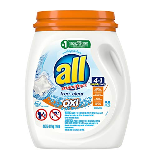 All Mighty Pacs Laundry Detergent with Oxi Stain Removers and Whiteners, Free Clear, Tub, 56 Count