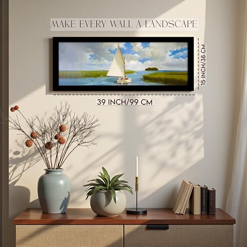 Image of PAINTINGMANTRA Swamp Area with Sailboat Landscape Wall Art Framed Luxury Paintings for Home Decoration, Living room, Bedroom and Office Decoration (99x38 CM)