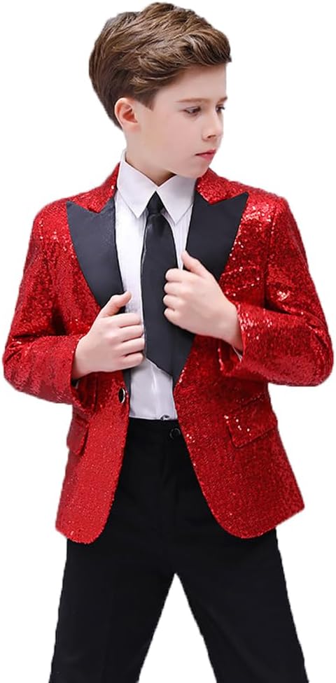 Boys Sequin Tuxedo Suit Sparkly Glitter Jacket for Party Prom Wedding Tuxedo One Button Blazer and Pants Set