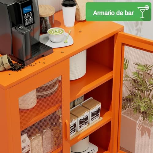 Miniatura 4 de Armario Metalico De Puertas De Malla,Aparador De Metal,Marco De Acero,Armario Para Licores Con Estantes Ajustables,Para Cocina, Sala De Estar, Oficina En Casa,40 X 80 X 102al Cm, Naranja