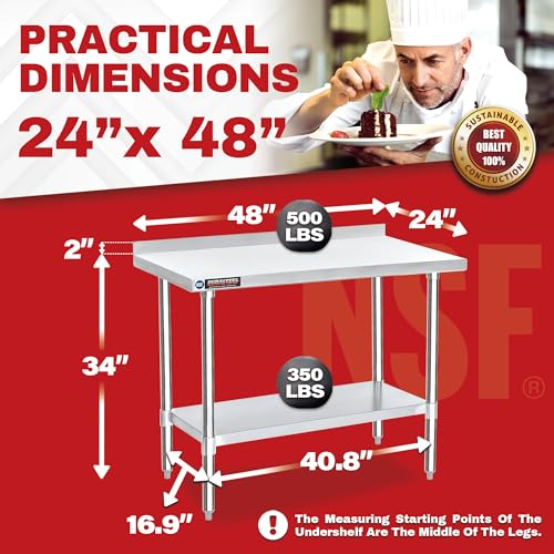 Image of DuraSteel NSF Commercial Kitchen Table - 24 x 48 Inch Cooking Prep Stainless Steel Kitchen Island Workstation w / Adjustable Under Shelf - Heavy Metal Backsplash Workbench For Restaurant, Home, Garage
