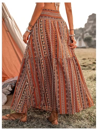 Milumia Women's Boho Tribal Swing Tiered A Line Maxi Skirt Smoked High Waist Flowy Ruffle Hem Long Skirts3