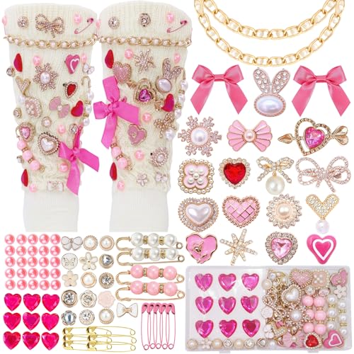 97Pcs Junk Socks Charms Kit Brooches and Pins for Women ShoeCharms with Bows Shoe Charms for Sneakers Sneakers DIY Kit with Pearls Rhinestones Chains Cute DIY Accessories for Decorating and Personalizing Socks Hat Clothes