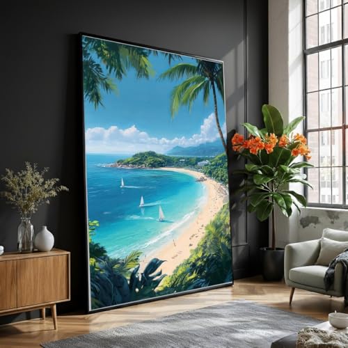 Toile de paysage côtier avec voiliers et décoration scène océanique