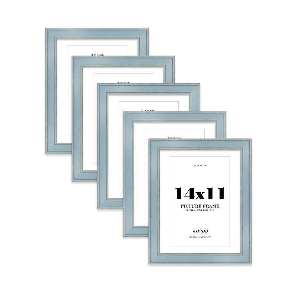 14x11" Cornflower Blue Picture Frame with 12x8" Mount - Shabby Chic Photo Frame with Distressed Finish, Gold Trim, Wall Hooks and Kickstand, 37mm Edge - 5 Pack