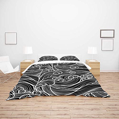 Housse de couette lit simple noir polyester avec taie d'oreiller motif vagues - 4