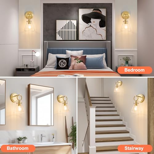 Image of Gold Wall Sconces Set of 2 Vanity Light Fixture for Bathroom | Wall Mount Lighting Lamp, Farmhouse Wall Lights 6'' Clear Glass Shade, Hardwired for Bedroom Living Room Mirror